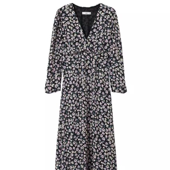 Mango Purple Black Floral Print Long Dress, 3/4 sleeves size L - Picture 2 of 5